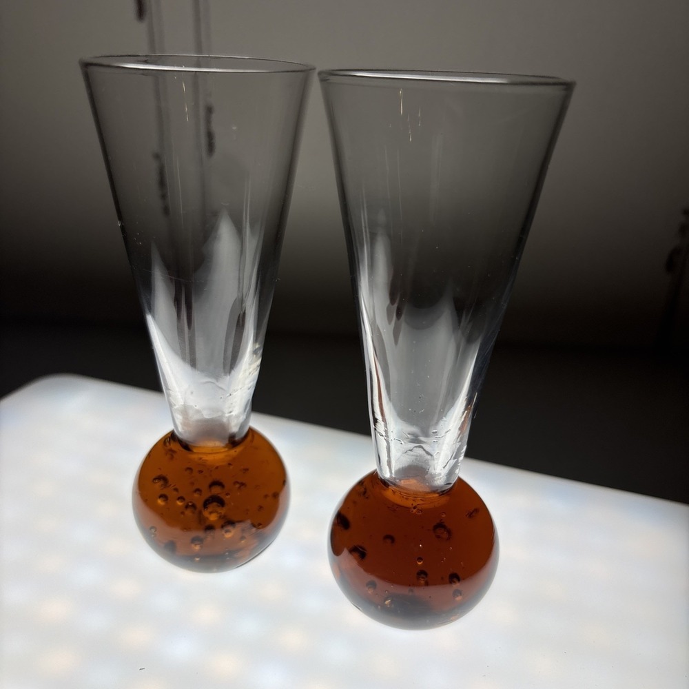 Vintage 2 Cordial Shot Glass‎ Amber Bubble Ball Bottom Base Colored Glass 4 1/2"